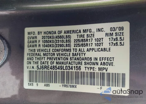 2009 Honda Cr-V Ex z USA, uszkodzony, nr VIN 5J6RE48549L034156